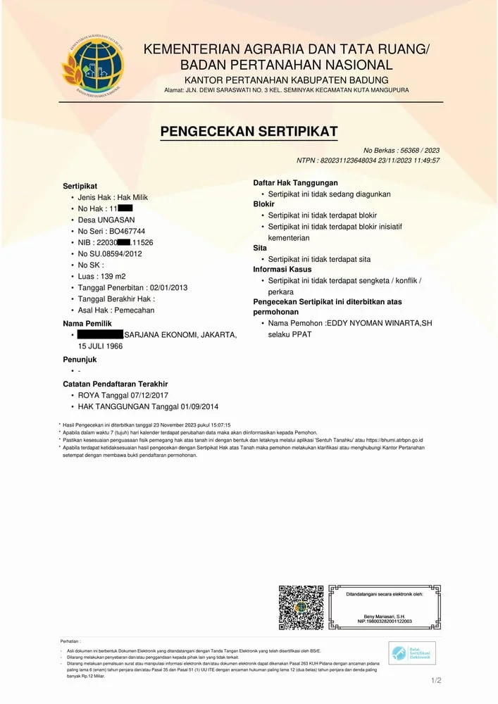 Contoh Hasil Pengecekan Sertifikat di BPN