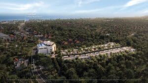 Interior villa mewah di Canggu Echo Beach dengan desain pencahayaan biofilik dan perabotan lengkap.