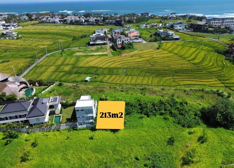 Pemandangan Sawah dan Laut dari Lokasi Tanah Cemagi Deskripsi: Foto sudut pandang dari lahan yang menunjukkan kombinasi pemandangan hijau sawah dan cakrawala laut, menekankan potensi pembangunan rooftop.