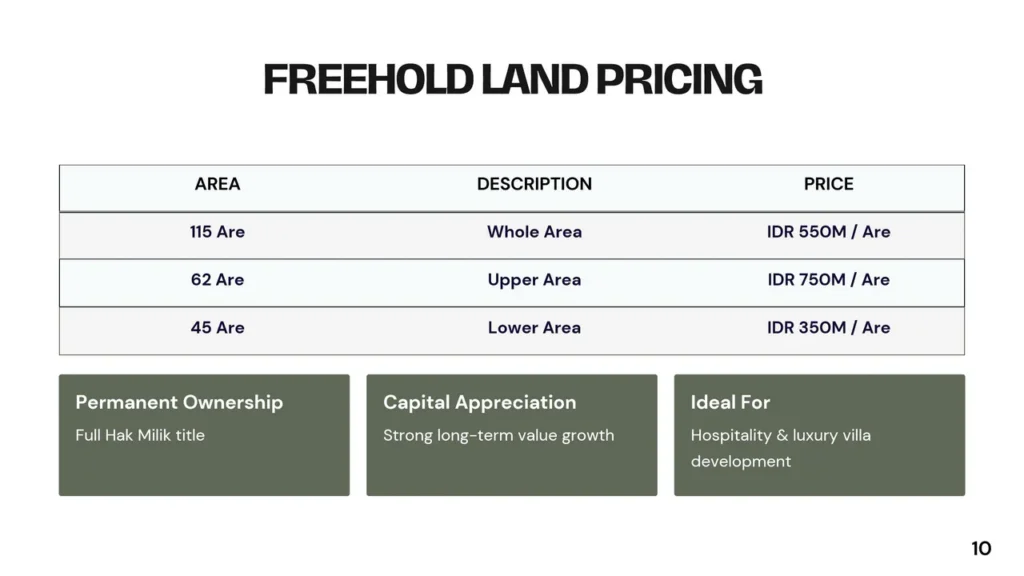 Pricing table for Freehold Land: 115 Are Whole Area IDR 550M/Are; 62 Are Upper Area IDR 750M/Are; 45 Are Lower Area IDR 350M/Are. Three feature blocks below: Permanent Ownership (Full Hak Milik title); Capital Appreciation (strong long-term value growth); Ideal For (hospitality & luxury villa development). Page 10