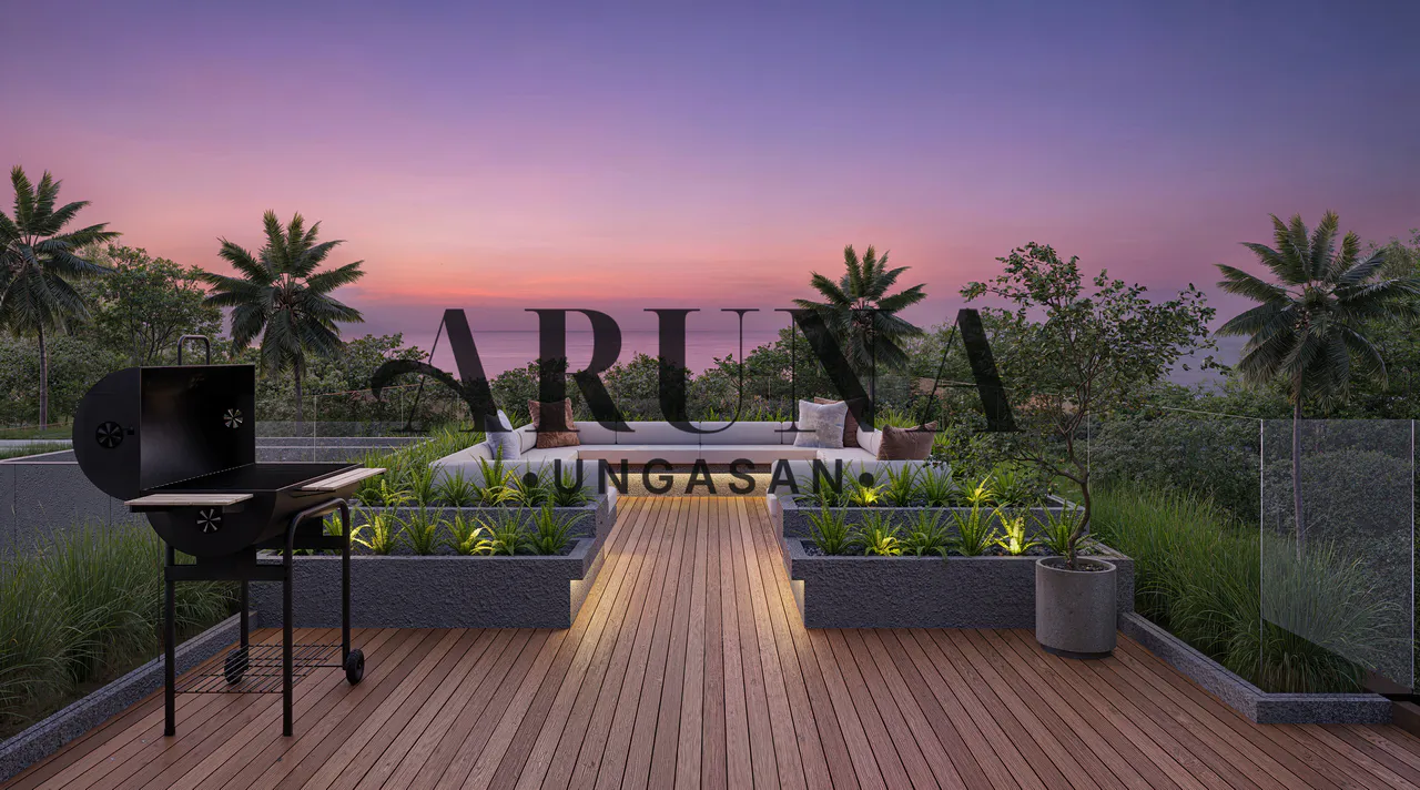 Desain villa Tipe A di Aruna Ungasan dengan fasilitas private infinity pool di lantai dua yang menghadap langsung ke arah laut.