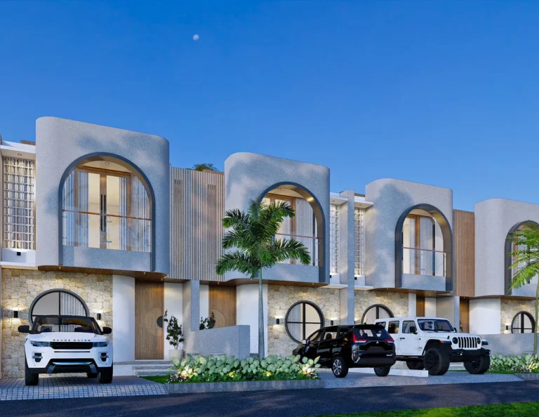 Desain modern tropis Ambengan Villa Cluster Bali dengan fasad mewah, sistem satu gate, dan area parkir luas untuk dua mobil di kawasan Pedungan Denpasar.