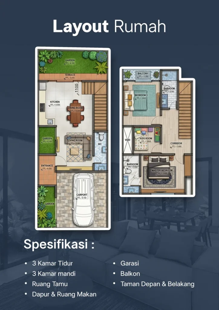 Two-floor house layout plan showing ground-floor living areas (kitchen, dining, living room) with garden and carport, and an upper floor with bedrooms and bathrooms.