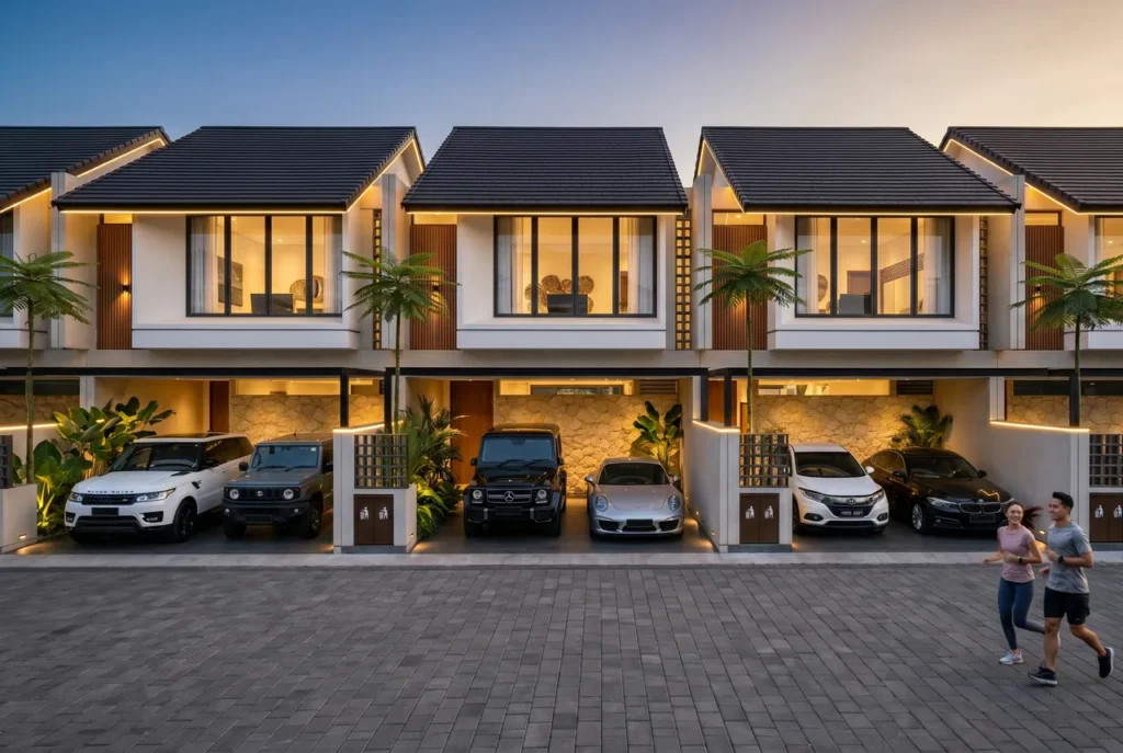 Carport luas muat dua mobil di rumah Kuta Bali