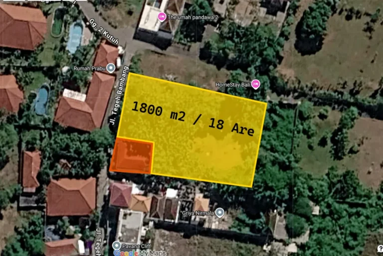 Aerial view map showing a yellow-outlined 1800 m2 (18 Are) plot with an orange building footprint in the bottom-left; surrounding houses and trees nearby in Bali area.
